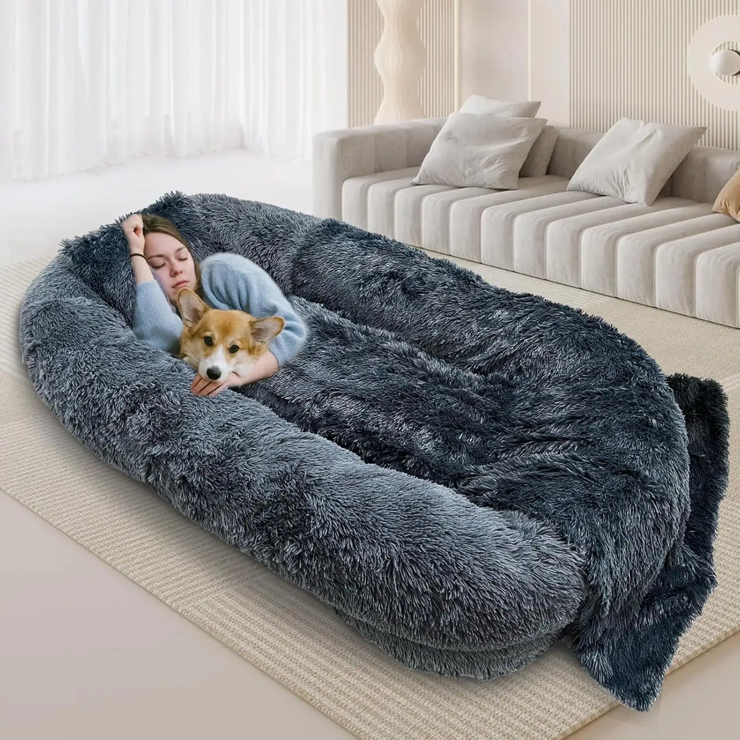 Removable Washable Faux Fur Dark Grey Large Human Pet Bed