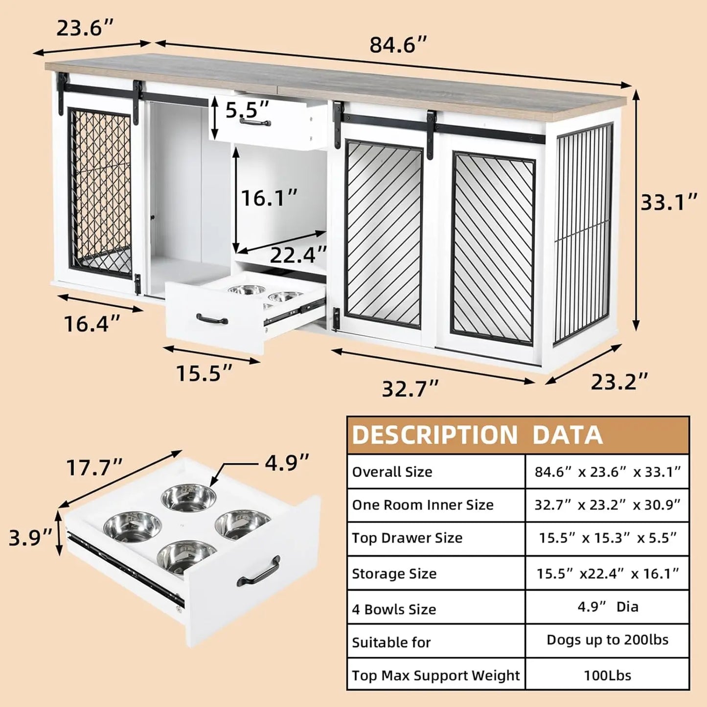 85" Heavy Duty Wooden Dog Crate with 4 Dog Bowls