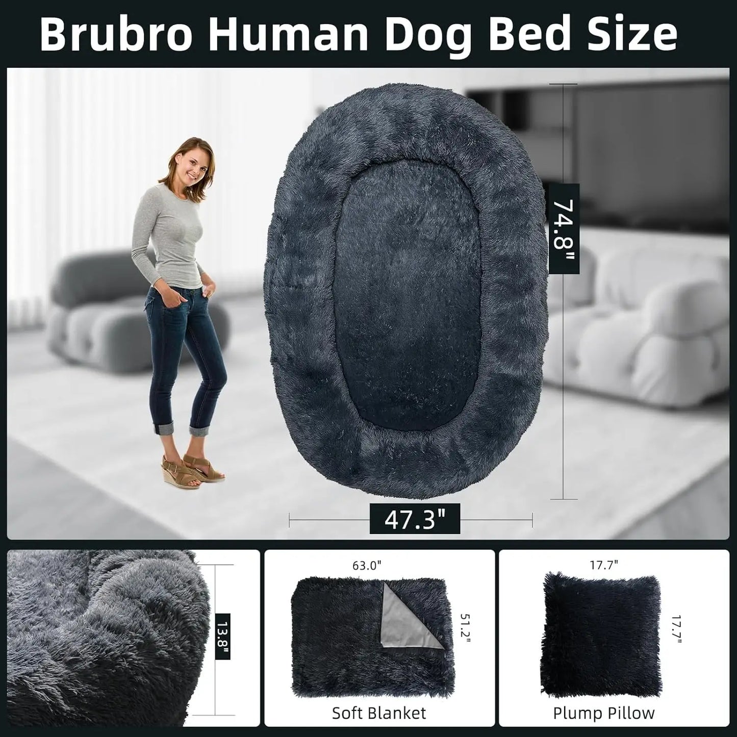 Removable Washable Faux Fur Dark Grey Large Human Pet Bed