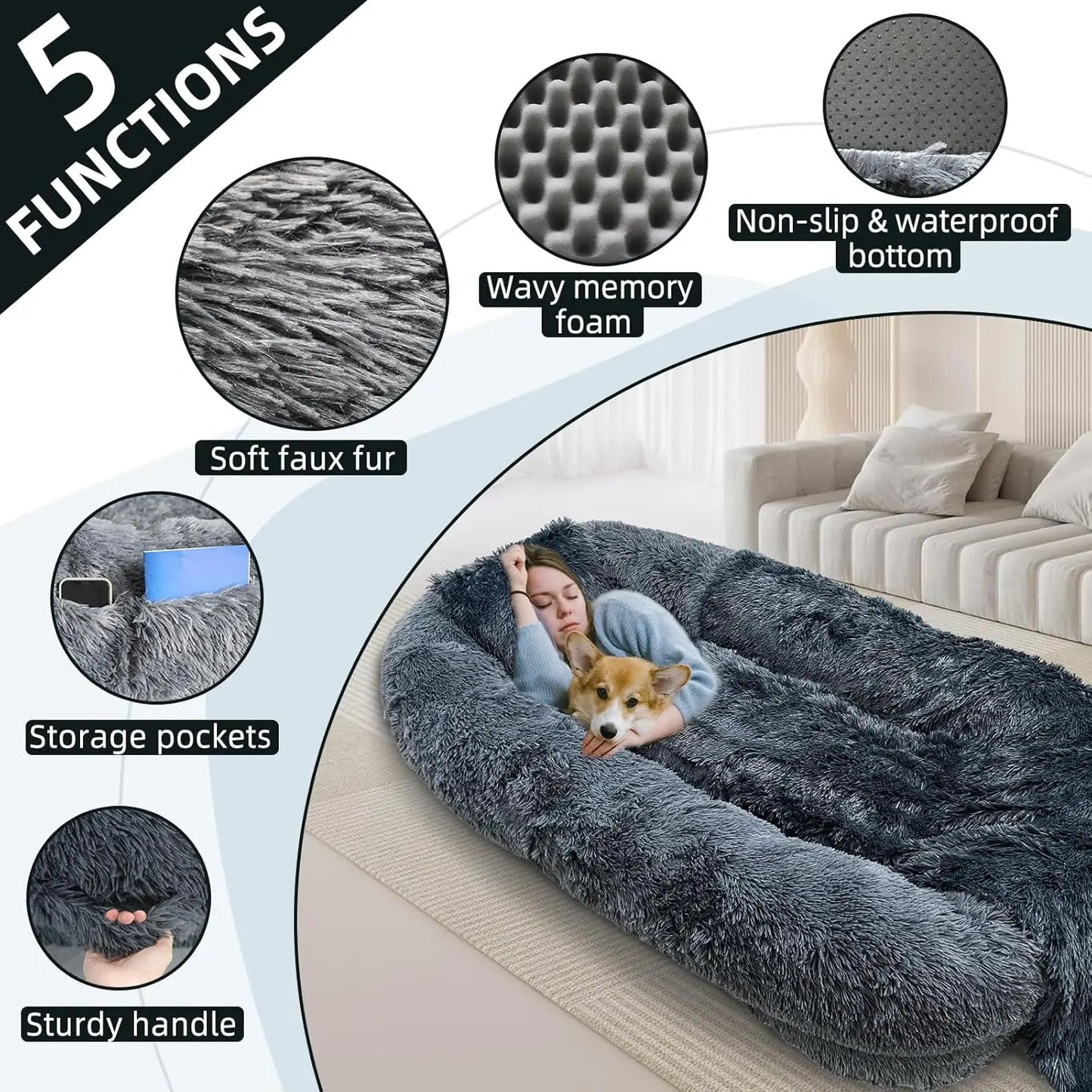 Removable Washable Faux Fur Dark Grey Large Human Pet Bed