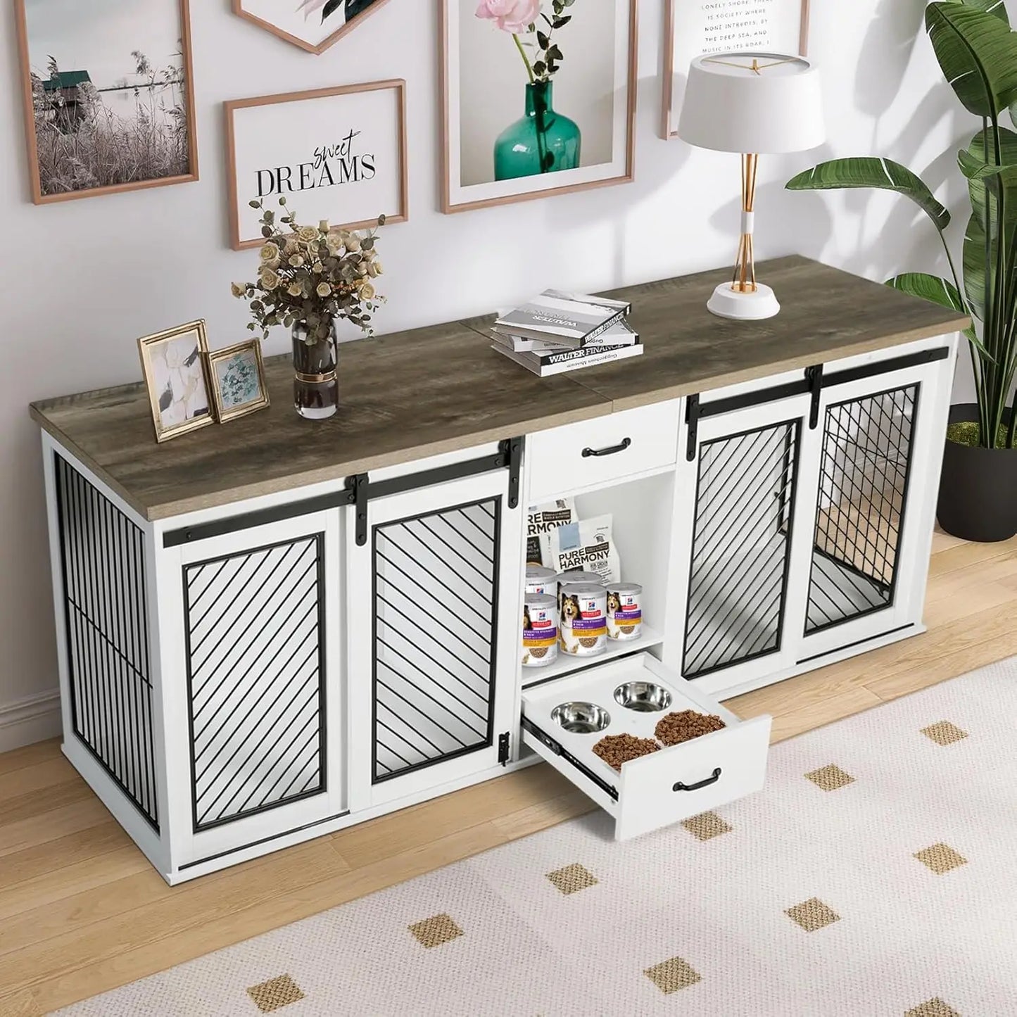85" Heavy Duty Wooden Dog Crate with 4 Dog Bowls