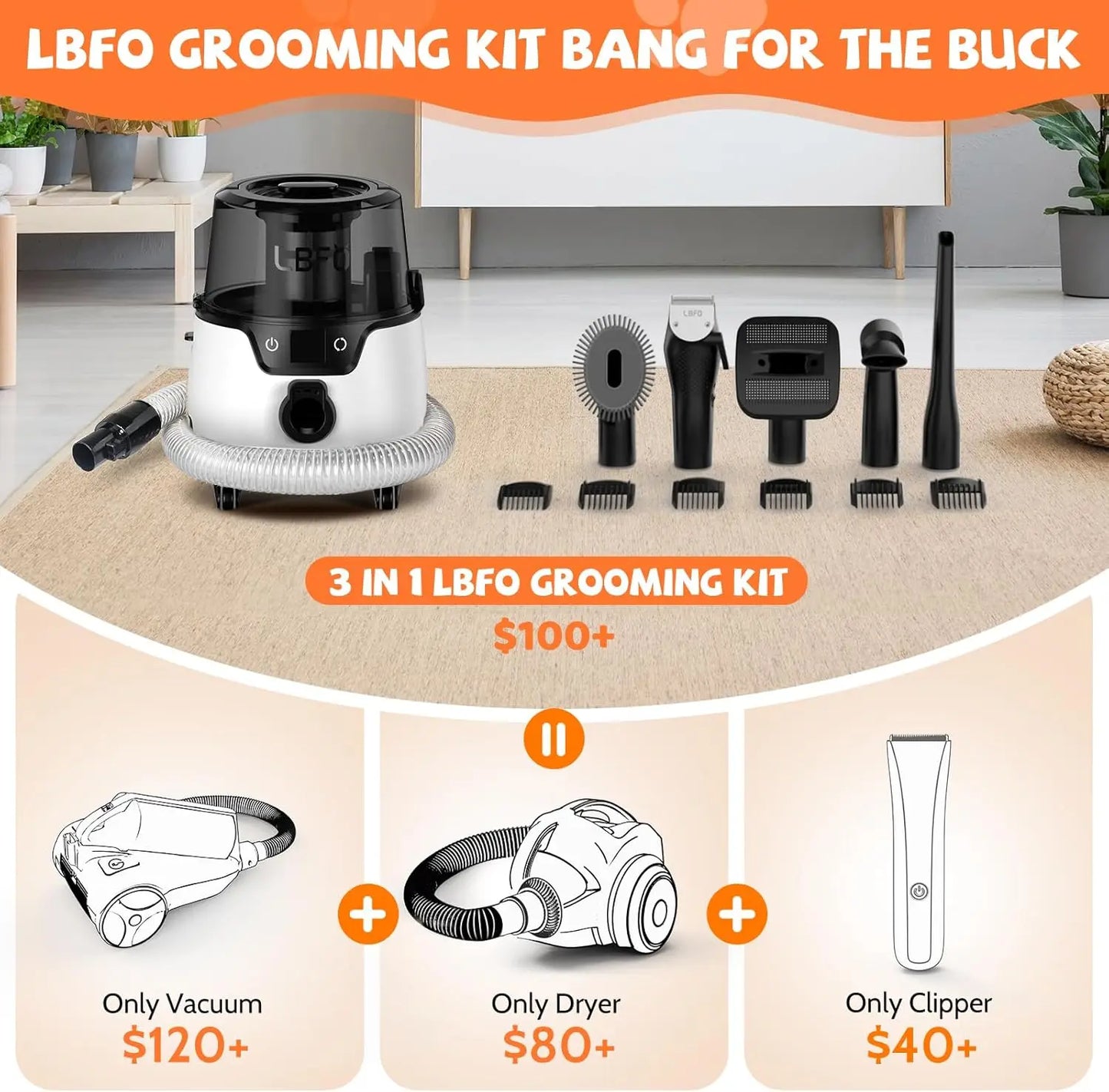 Pet Grooming Vacuum and Dryer with 6 Pet Grooming Tools