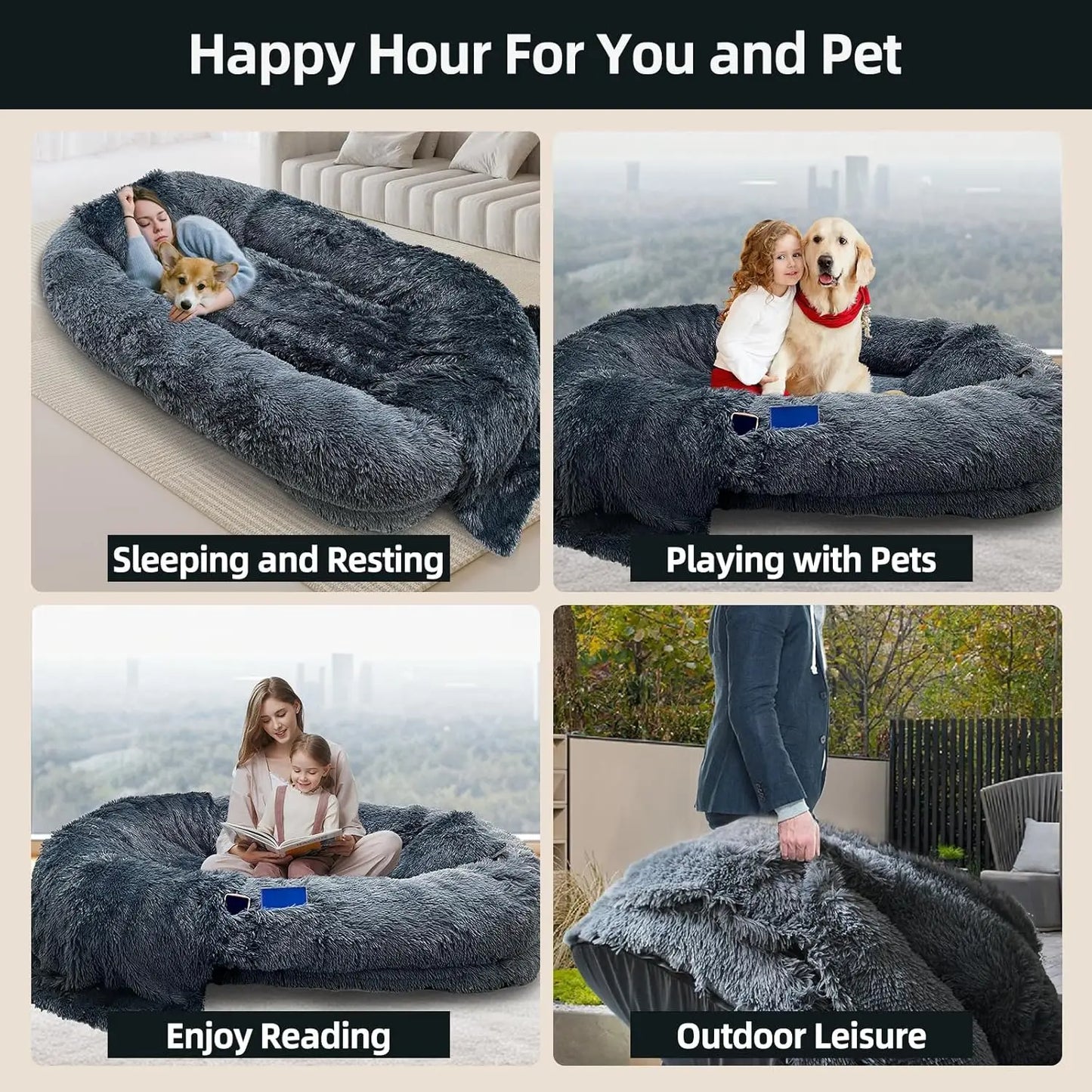 Removable Washable Faux Fur Dark Grey Large Human Pet Bed